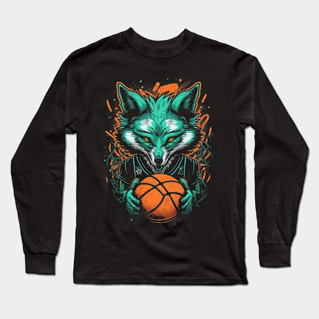 Neon Fox Basketball Player Retro 80s Ball Sports Long Sleeve T-Shirt by Cheesybee